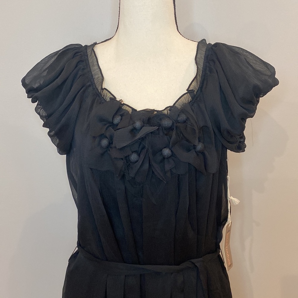 NWT Vintage Luca Couture mini dress puff sleeve black belted stretch appliqué - Picture 2 of 11